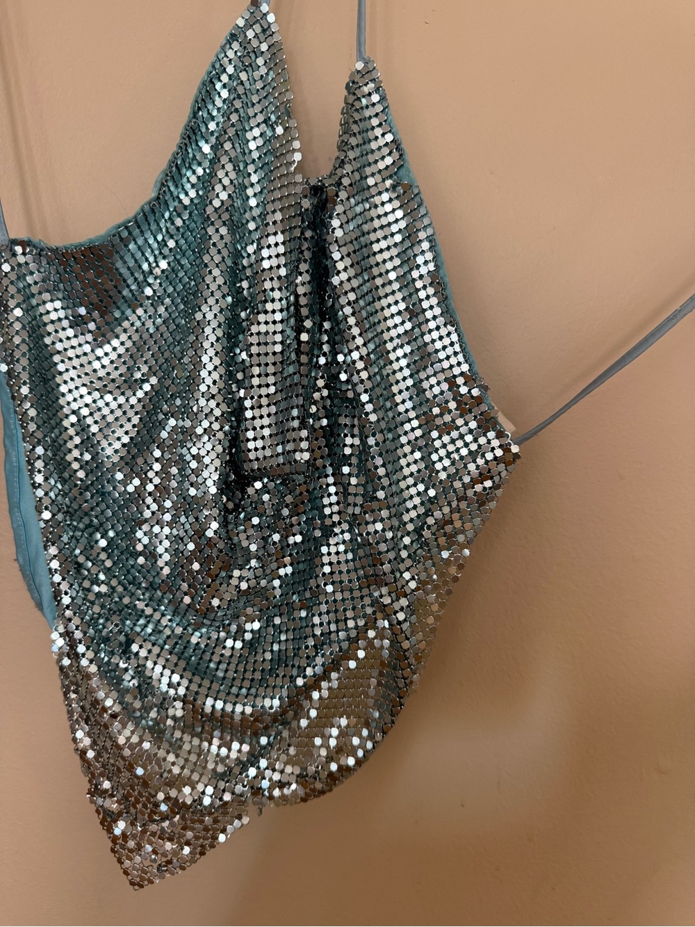 Silver-aqua blue early 00s Sequin Halter Cowl Top